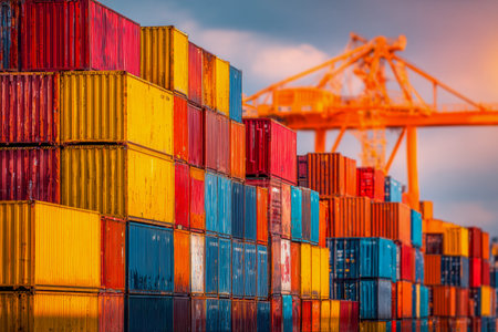 Brightly painted containers form towering stacks at a bustling port, with an orange crane looming...