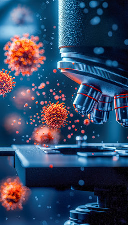 A detailed visualization of tiny infectious agents illuminated by advanced imaging technology,...