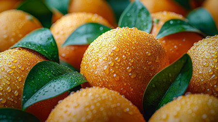 Juicy, vibrant oranges nestled among lush green leaves, glistening with morning dew, capturing the...