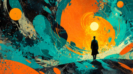 A dreamlike scene featuring a lone silhouette amidst a whirlwind of vivid, spiraling hues that blur...