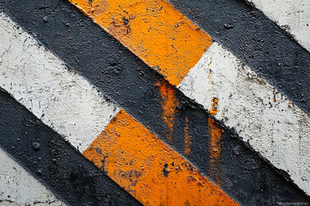 A textured highway line displays worn black, white, and orange bands, revealing signs of age and...