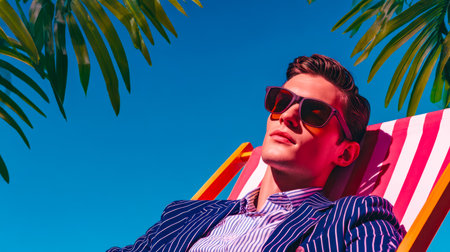 A carefree young man unwinds outdoors, basking in warm sunshine on a vibrant striped seat amid lush palm fronds, dressed in sunny attire and shaded by stylish sunglasses.のeditorial素材