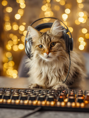 A plush striped feline relaxing amidst warm indoor ambiance, immersed in music behind a glowing...