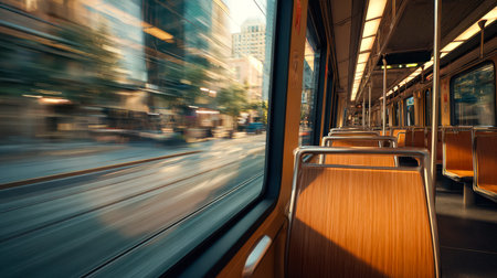 Passengers' perspective captures a dynamic city scene rushing past, with sleek skyscrapers and...