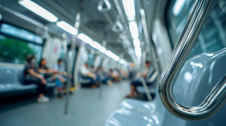 Inside a sleek urban train, travelers relax on vibrant blue seating, some masked, holding sturdy...
