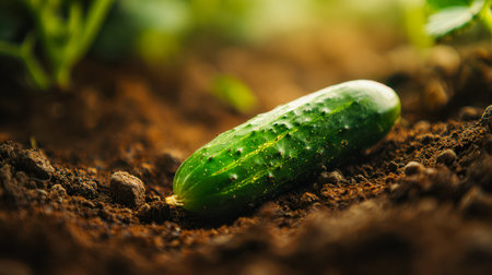 Vibrant green cucumber nestled in rich soil, with delicate vines and young leaves hinting at a...