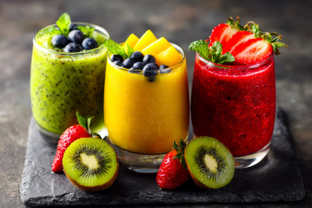 Vibrant, layered smoothies featuring fresh strawberries, kiwi, blueberries, and mango shine against a sleek dark stone background, evoking freshness a