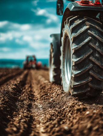 Massive tractor tires carve furrows into a damp, fertile landscape as clouds loom, signaling readiness for the upcoming planting season.の写真素材