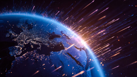 A striking aerial perspective captures Earth's vibrant glow, with luminous streaks and glowing urban...