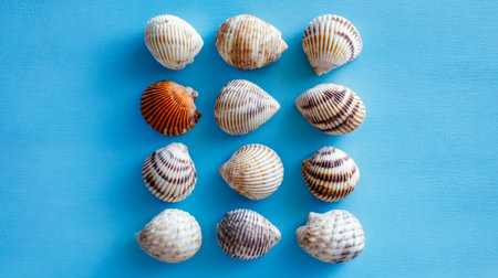 An array of vibrant seashells showcasing diverse shapes and patterns, artistically laid out on a...