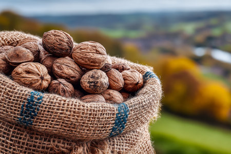 Rustic walnuts spill from a coarse-fiber bag, set against rolling hills and whispering fields under...