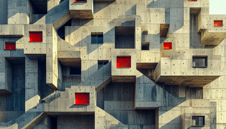 A sleek urban structure featuring sharp angles and textured concrete surfaces, highlighted by...