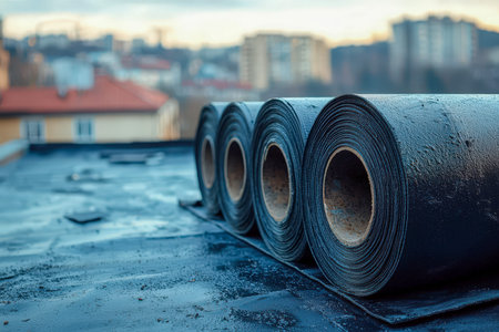 Coiled sheets of moisture-resistant material arranged across a high-rise roof, ready to safeguard the structure from weather elements.の写真素材