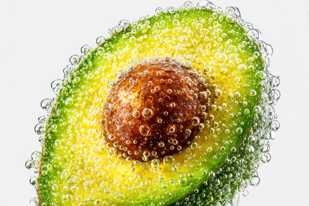 A vibrant avocado fragment floats in effervescent water, surrounded by shimmering bubbles that...