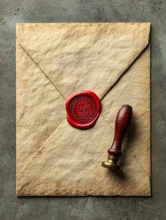 An antique letter features a rich wax emblem and embossed insignia, resting on textured parchment,...