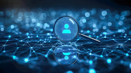 A person examines digital footprints with a magnifying tool amid a glowing, interconnected...