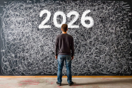 A thoughtful individual stands before a cluttered chalkboard filled with complex diagrams and notes,...