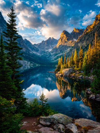 Tranquil mountain mirror reflects lush pines beneath a clear azure sky, capturing pristine...