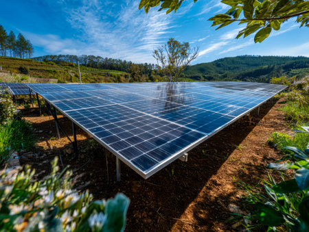 Rows of sleek solar arrays stretch across lush green fields, basking in the vibrant sunlight beneath...