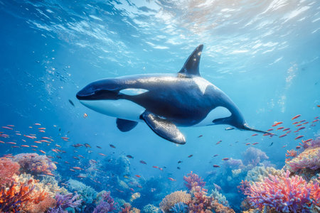 A powerful orca glides gracefully over a colorful coral kingdom, creating a striking contrast...