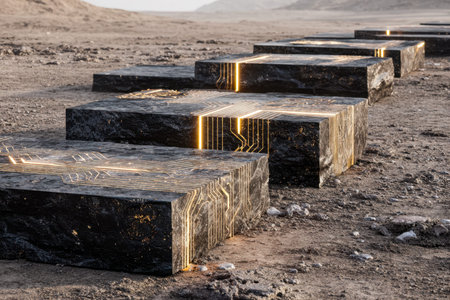 Sleek, glowing stone stairs carve through a barren desert, merging organic textures with futuristic...