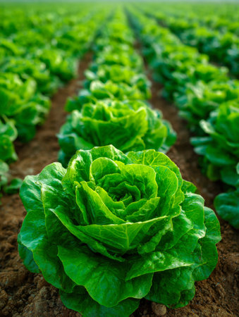 Bright sunlight illuminates lush green lettuce heads arranged in precise rows, reflecting healthy...