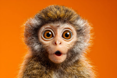 A curious little primate with enlarged eyes peers intently, set against a vibrant orange backdrop...