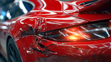 A vivid red vehicle shows extensive rear impact, with battered panels, deep paint scars, and a shattered tail light, capturing the aftermath of a recent crash.のeditorial素材