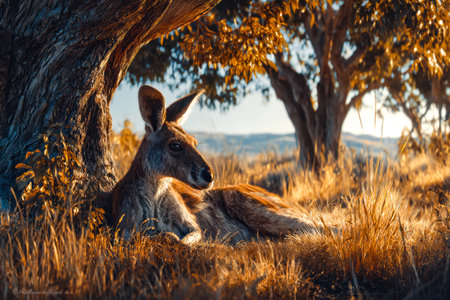 A peaceful kangaroo lounges beneath the shade of a lush tree amid vibrant greenery, surrounded by rolling hills and a clear blue sky in a tranquil outdoor setting.の写真素材