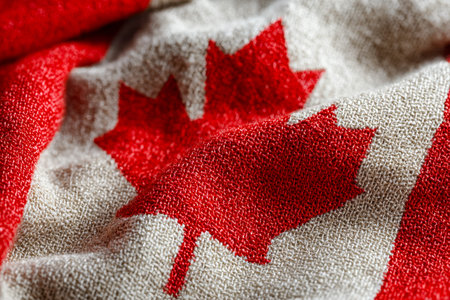 A detailed view of a fabric flag featuring intricate embroidery of the iconic maple leaf, evoking...
