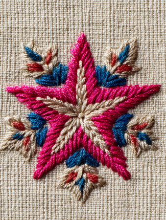 An exquisite close-up of a multicolored star motif featuring bold pink, blue, and subtle beige...