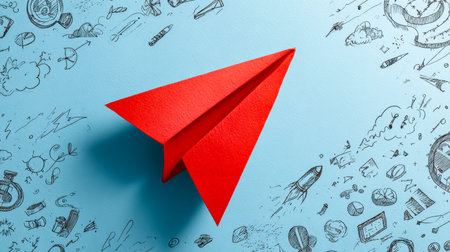 A vibrant red paper craft soaring over a soft blue canvas, surrounded by playful, hand-drawn...