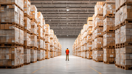 A focused staff member examines neatly arranged cartons amidst towering shelves in a vast, organized...