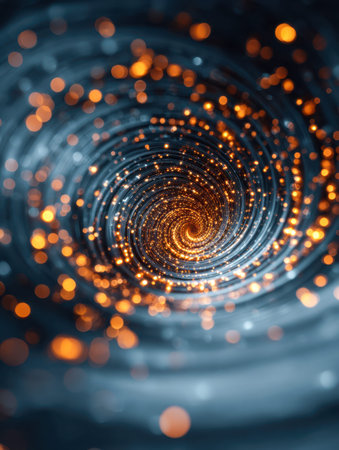 A sleek, high-tech corridor illuminated by vibrant orange orbs that spiral outward, forming a captivating vortex of light against a shadowy backdrop.の写真素材