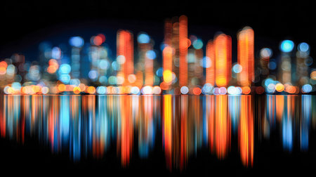 A mesmerizing urban panorama at dusk, where shimmering skyscrapers cast luminous hues onto tranquil waters, blending into a dreamy, abstract mosaic of glowing amber and azure tonesのeditorial素材