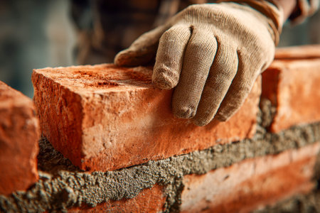 A detailed shot of a worker's gloved fingers expertly placing vibrant red bricks, ensuring a solid...