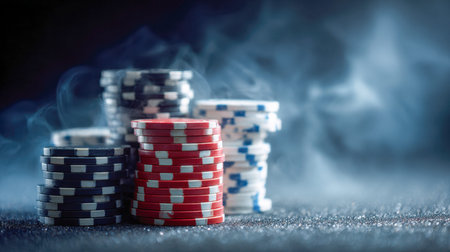 Vibrant poker chips layered atop a murky table, wisps of smoke swirling around, creating a tense,...