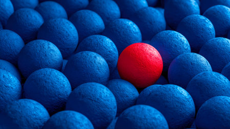 A vivid crimson sphere dominates a cluster of calm azure orbs, creating a lively and cheerful contrast in a scene full of youthful energy and vibrant color.の写真素材