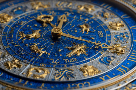 A detailed celestial timepiece featuring vibrant blue and shimmering gold accents, adorned with...