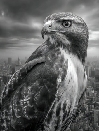 A powerful bird of prey soars above a bustling metropolis, its detailed feathers sharply contrasting...