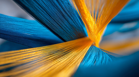 A vivid tapestry of blue and yellow threads weaves together in a lively, textured composition,...