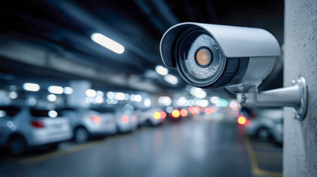 A surveillance device observes a shadowy underground lot where vehicles rest quietly, illuminated...