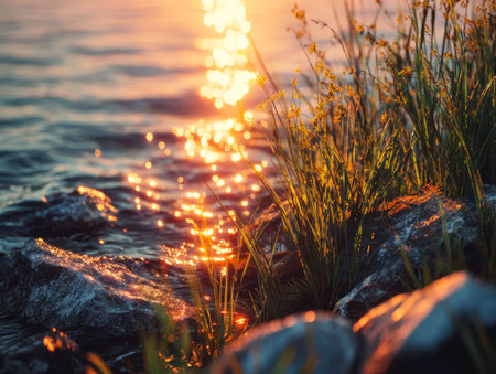 Warm evening light bathes a tranquil lakeside, where delicate wildflowers grow among polished...