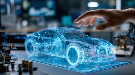 A sleek, translucent vehicle displayed as a glowing 3d projection, embodying cutting-edge innovation...