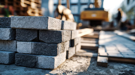 Piles of interlocking paving stones rest on a construction yard, with vibrant building supplies and...