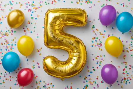 Brightly colored balloons and shimmering confetti encircle a luminous gold five, capturing a joyful...
