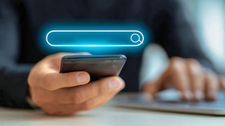 A professional engaged in digital research, glancing at a smartphone displaying a search icon as a...