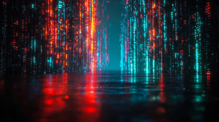 A sleek, high-tech metropolis illuminated by radiant data currents flowing through towering...