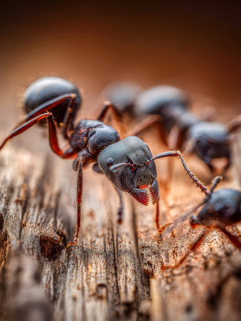 An intricate view of a dark ant's mandibles and body as it navigates a rough wooden terrain,...