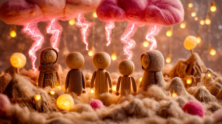 Playful crafted puppets amid a stormy sky, luminous spheres hover, creating a dreamlike scene in a...
